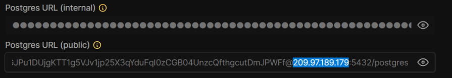 Screenshot showing the Postgres URL details with both internal and public URLs. The internal URL is obscured, while the public URL is partially visible, highlighting the IP address and port used for the database connection.