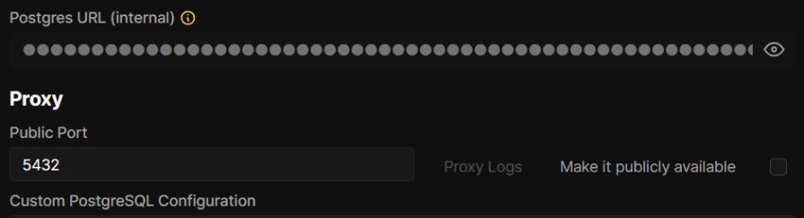 Screenshot of the PostgreSQL configuration interface showing the internal Postgres URL, public port settings, and an option to make the port publicly available.