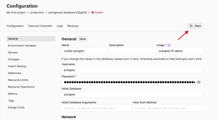 Screenshot of the PostgreSQL database configuration page with a red status indicator showing the database has exited, and an arrow pointing to the start button.