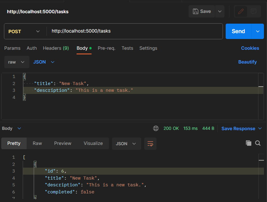 Screenshot of a POST request made in Postman to the endpoint http://localhost:5000/tasks with a JSON body containing "title": "New Task" and "description": "This is a new task." The response shows a JSON object with "id": 6, "title": "New Task", "description": "This is a new task.", and "completed": false.