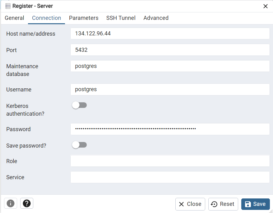 Connection tab in the Register Server dialog box, showing the fields for entering the host name, port, maintenance database, username, and password for connecting to a PostgreSQL server.