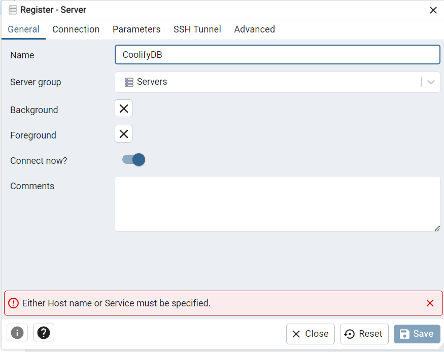 Register Server dialog box in a database management tool with an error message indicating that either Host name or Service must be specified.