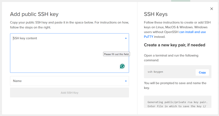 A user interface for adding a public SSH key. The screen displays a large input box labeled "SSH key content" where users are expected to paste their SSH key. Below the input box, there's another field labeled "Name" for naming the SSH key. On the right side, there is a guide titled "SSH Keys," providing instructions on how to create or add SSH keys, with a command example for generating a new key pair.