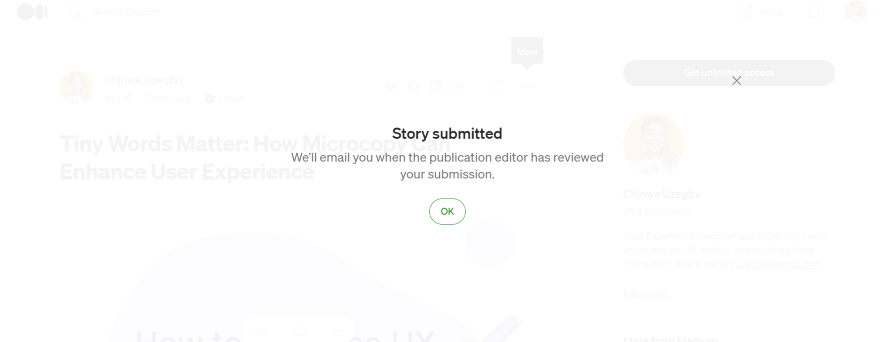 Story submitted notification on Medium