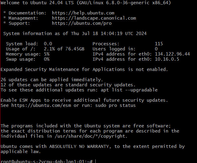 Terminal screenshot displaying system information for Ubuntu 24.04 LTS, including system load, memory usage, processes, and network details. The system shows that security updates are available and provides links to Ubuntu documentation and management.