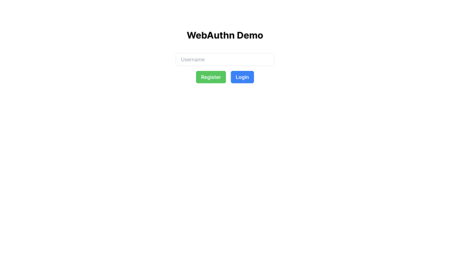 Screenshot of a simple web page titled ‘WebAuthn Demo’ featuring a login form with a username input field and two buttons labeled ‘Register’ and ‘Login.’ This form is designed for users to register or log in using WebAuthn, a passwordless authentication method.