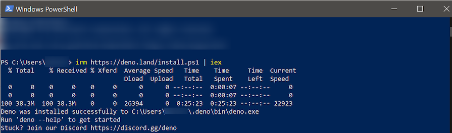 Terminal Showing Results Of Completed Deno Installation Using Windows Powershell