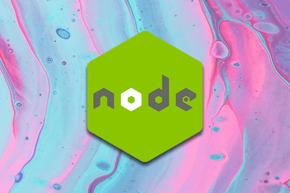 Node.js logo in green hexagon over a colorful abstract background with pink and blue tones.