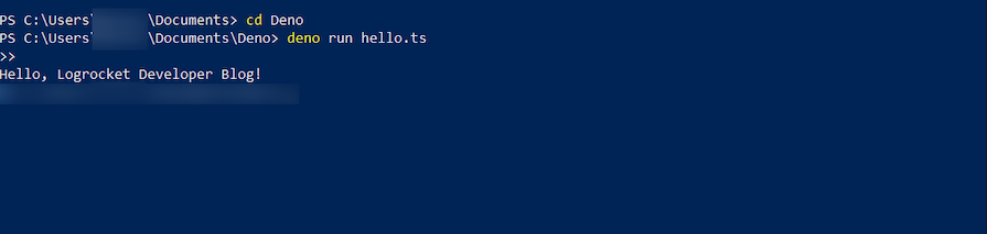 Deno Quickstart Guide Showing Custom Hello Message Printed To Terminal