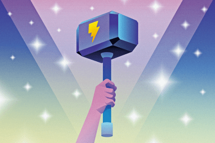 An illustration of a hand holding a large hammer with a lightning bolt symbol. The background features a vibrant, gradient sky with shining stars. This image metaphorically represents the strength and flexibility of using Vike and vite-plugin-federation to build scalable micro-frontends. As discussed in the article, Vike allows for server-side rendering (SSR) and static-site generation (SSG), while vite-plugin-federation helps integrate shared components across different micro-frontend applications, enhancing the speed and modularity of modern web development frameworks like React, Vue, and Svelte