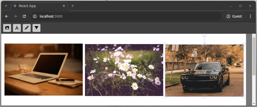 Changing the selected filter when the user selects image objects on the Fabric.js canvas, demonstrating filter adjustments across multiple images.