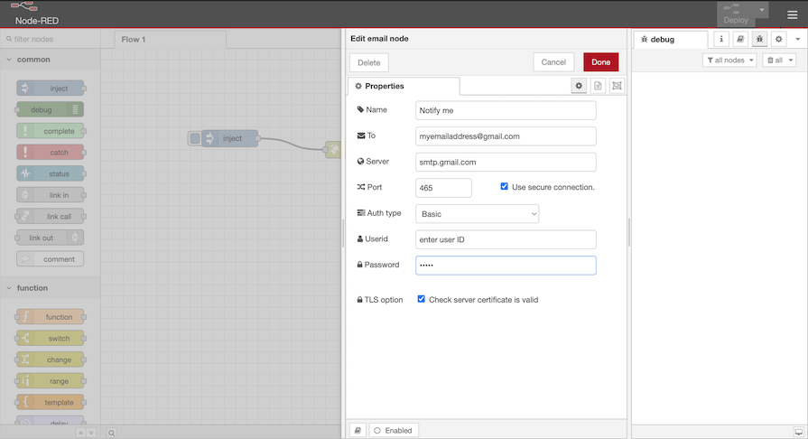 Editing The Email Node In The Node-RED Palette