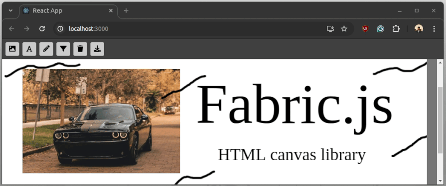 Exporting the Fabric.js canvas as an image, showing the final canvas with applied text, images, and freehand drawings.