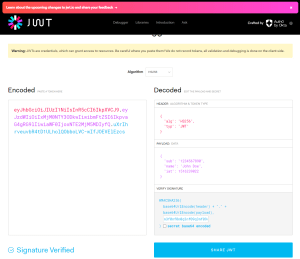 JWT structure showing encoded token on the left and decoded token with header, payload, and signature verification on the right.