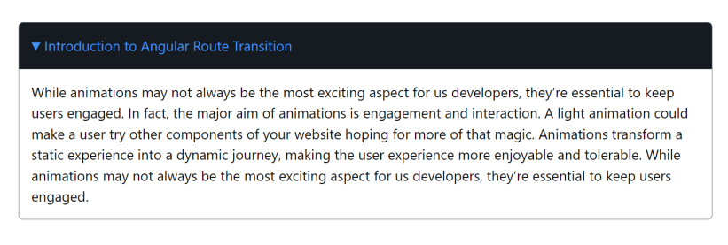 CSS-styled collapsible content section titled "Introduction to Angular Route Transition" with text explaining the importance of animations for user engagement.