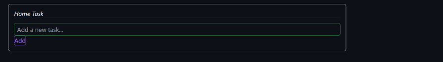 CSS-styled to-do task input form titled "Home Task" with a text field for adding a new task and a purple "Add" button.
