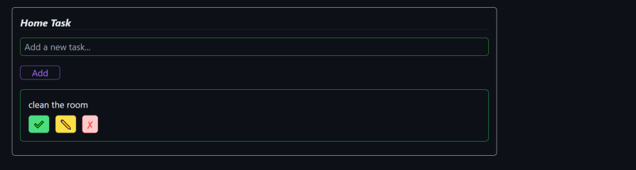 Matcha.css-styled to-do task form after Tailwind edits with a task titled "clean the room" displaying check, pencil, and X buttons for completing, editing, and deleting the task.
