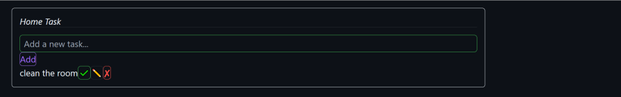 Tailwind edits needed on a form with a task titled "clean the room" added, displaying green check, yellow pencil, and red X buttons for task completion, editing, and deletion.