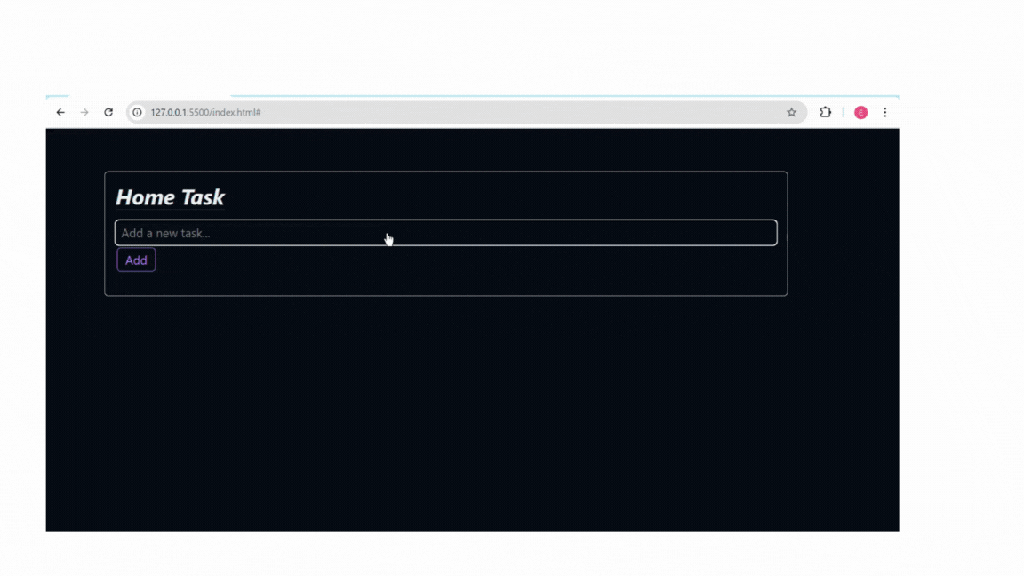 Animated GIF showing a to-do task input form titled "Home Task" with an interaction of adding a new task and clicking the Add button.