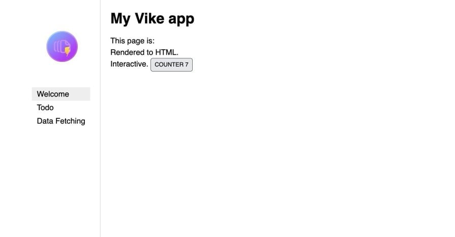 Screenshot of a Vike app showing a counter component and sidebar menu with options like Welcome, Todo, and Data Fetching.