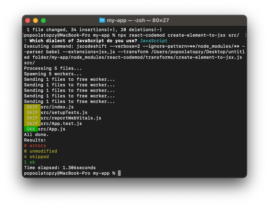 Terminal showing the output of running the react-codemod create-element-to-jsx command with one modified file and four skipped.