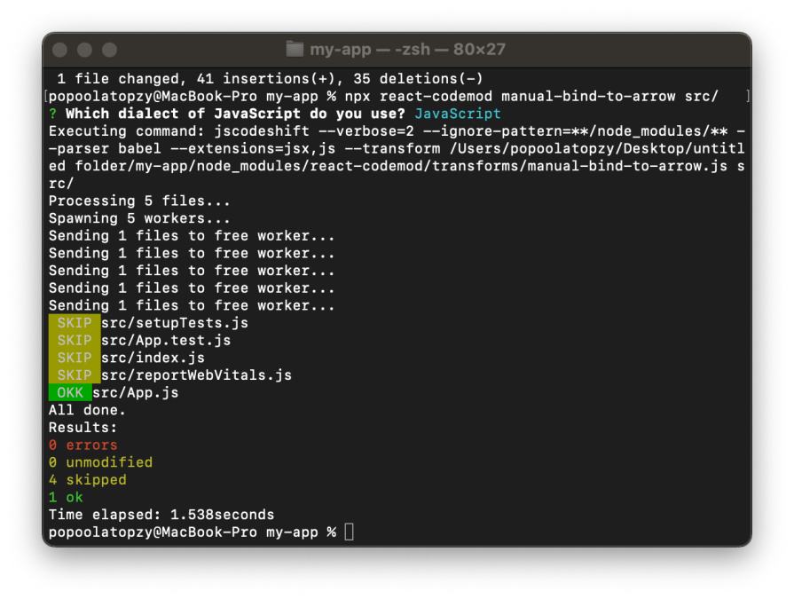 Terminal showing the output of running the react-codemod manual-bind-to-arrow command with one modified file and four skipped.