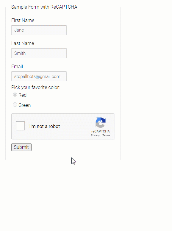 GIF showing a sample form with reCAPTCHA verification, including fields for name, email, and favorite color, followed by the reCAPTCHA checkbox.