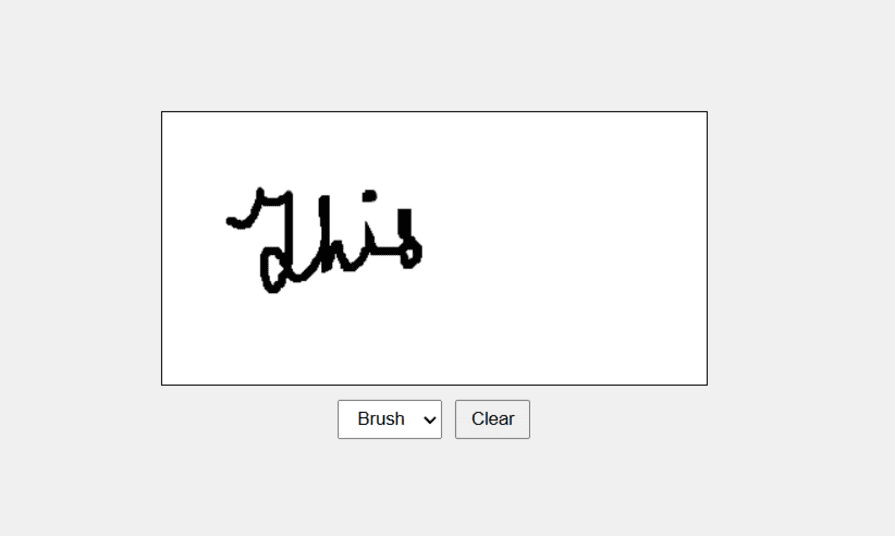 An example of a handwritten signature created using the brush stroke option on the signature pad, with clear and stroke style options visible.