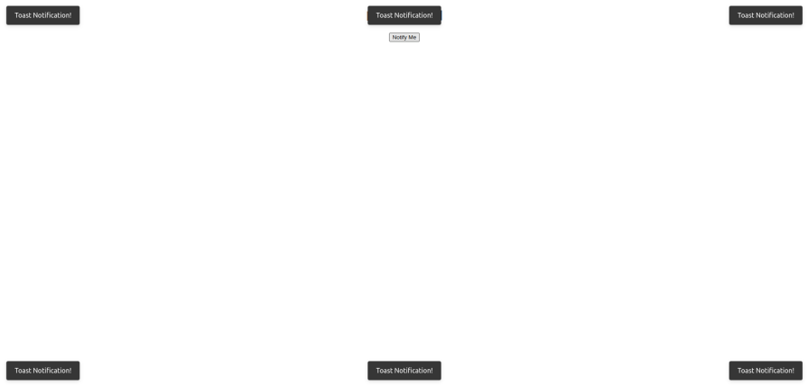 Screenshot of a web page displaying multiple "Toast Notification!" messages positioned at various corners and the center of the screen, demonstrating different toast notification positions.