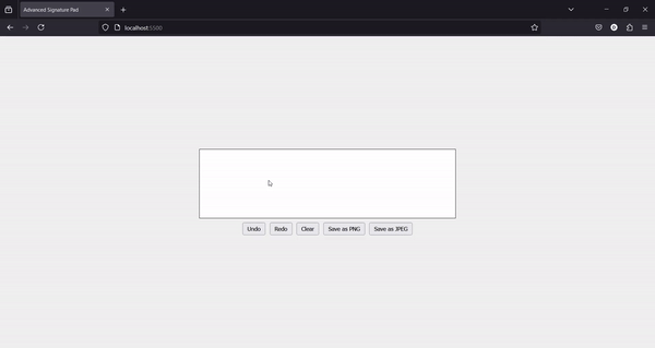 A demonstration of the signature pad with undo, redo, clear, and save as PNG/JPEG functionalities using JavaScript.