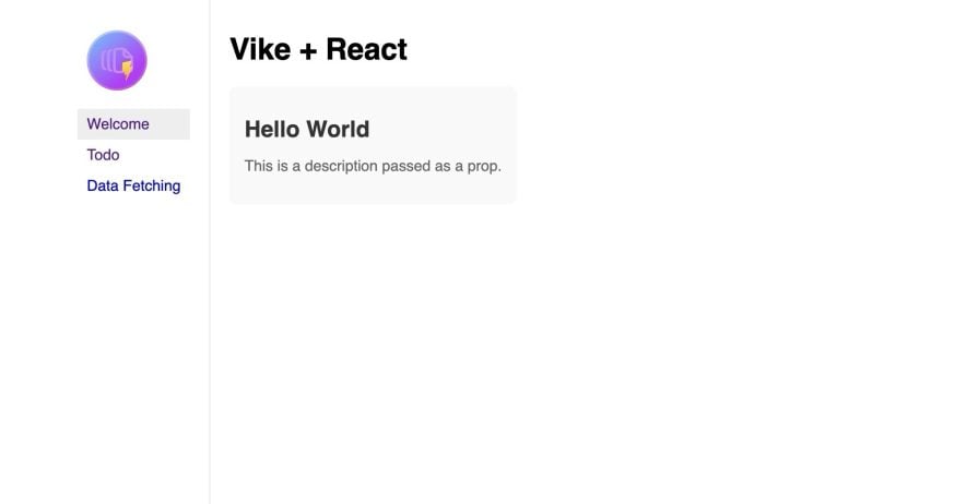 Screenshot of a Vike + React app displaying a card component with the text "Hello World" and a description passed as a prop.