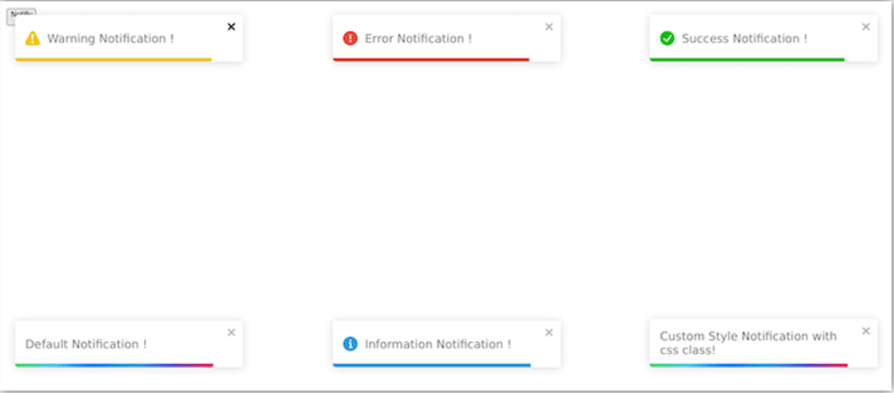 Screenshot displaying six different types of notifications: a yellow warning notification, a red error notification, a green success notification, a default notification, a blue information notification, and a custom style notification with a CSS class.