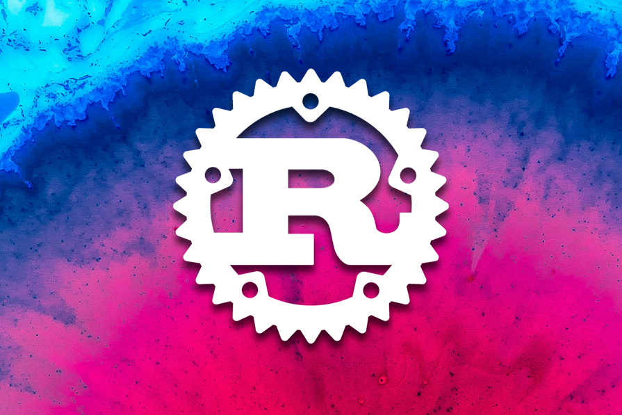 The image shows the Rust programming language logo, a gear-like shape with an “R” in the center, displayed over a vibrant, abstract blue and pink background. The related article discusses how to use Rust and the Polars library to build a high-performance data analysis application, exposing data sets and querying capabilities via a REST-based Web API.