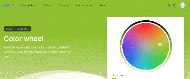 Gif of Canva's color wheel tool showing a circular color picker used to find color combinations, with a green webpage background.