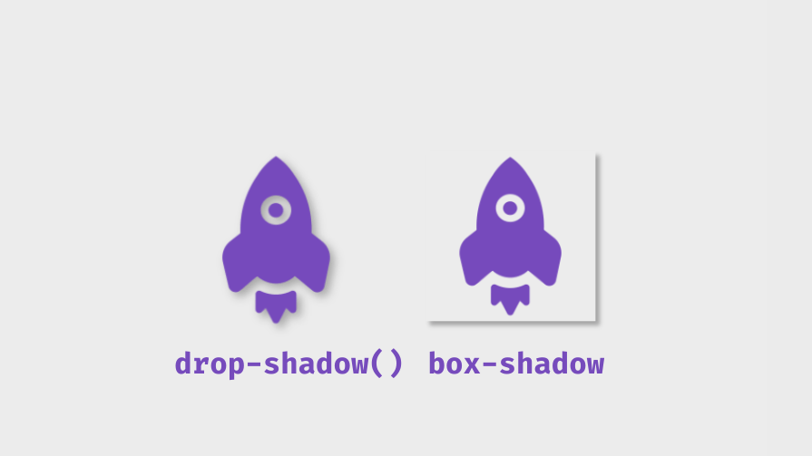 A comparison between drop-shadow() and box-shadow effects applied to a purple rocket icon, demonstrating the CSS drop-shadow() and box-shadow properties.