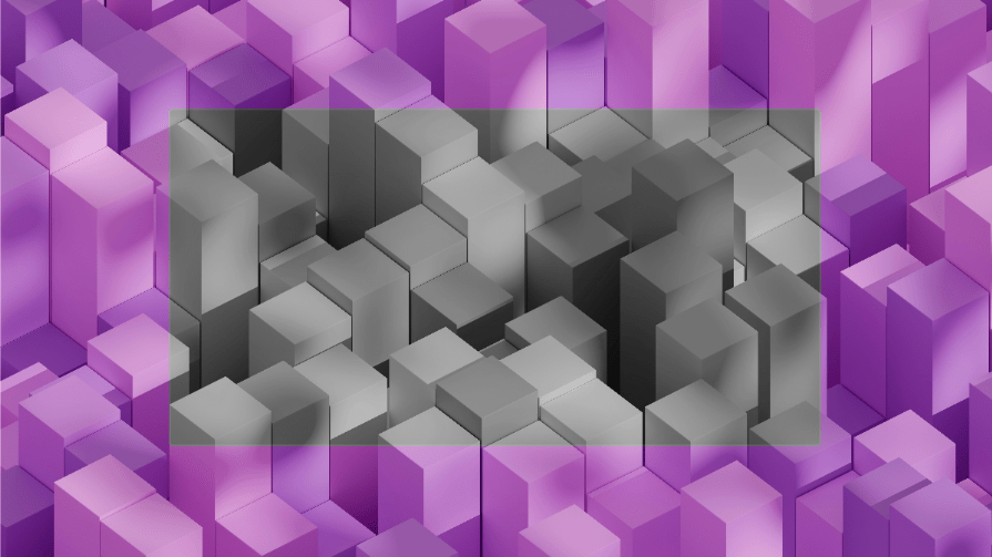 Purple and pink geometric cubes with a grayscale effect applied to the center area, demonstrating the CSS grayscale() backdrop-filter.