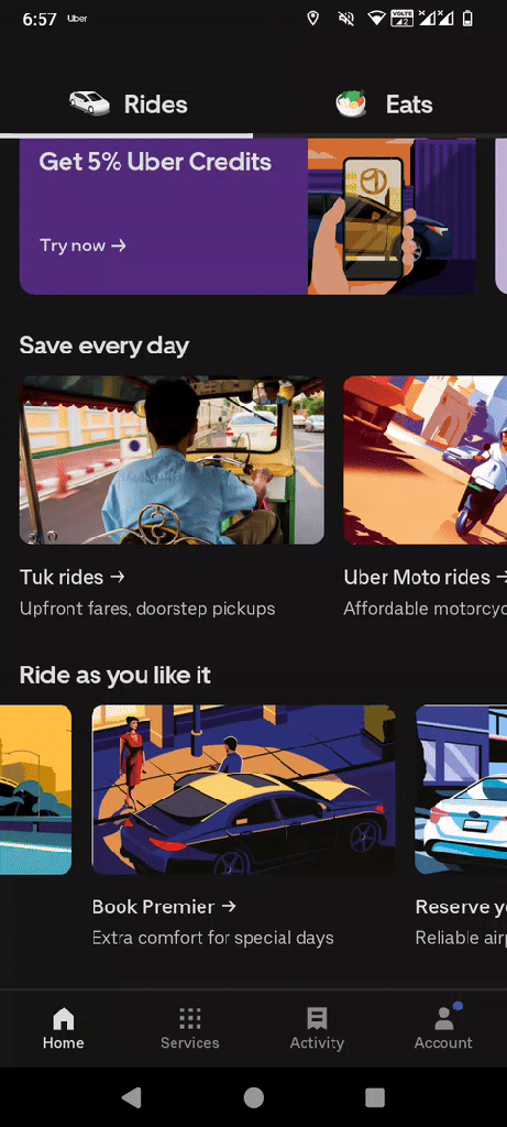 Home Screen of Uber