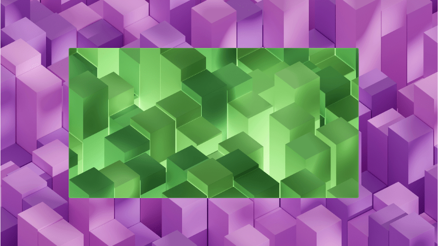 Purple and pink geometric cubes with a green hue-rotate effect applied to the center, demonstrating the CSS hue-rotate() backdrop-filter.