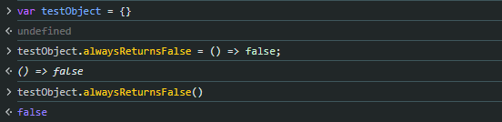 Screenshot showing JavaScript code where a function is added to an object and returns false when called.