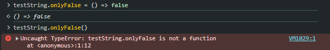 Screenshot showing an attempt to add a function to a string primitive in JavaScript, resulting in a TypeError: not a function.