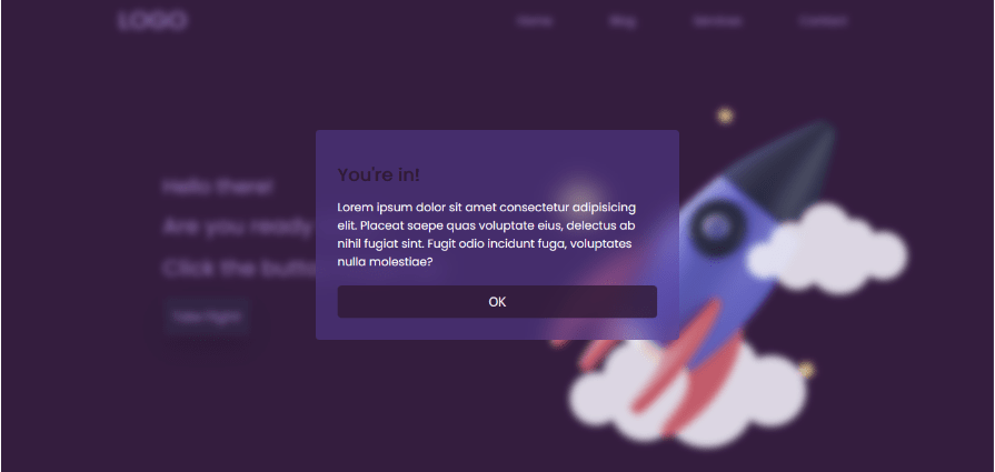 A popup modal with a blurred background and a message saying "You're in!", demonstrating the CSS backdrop-filter blur effect on a webpage.