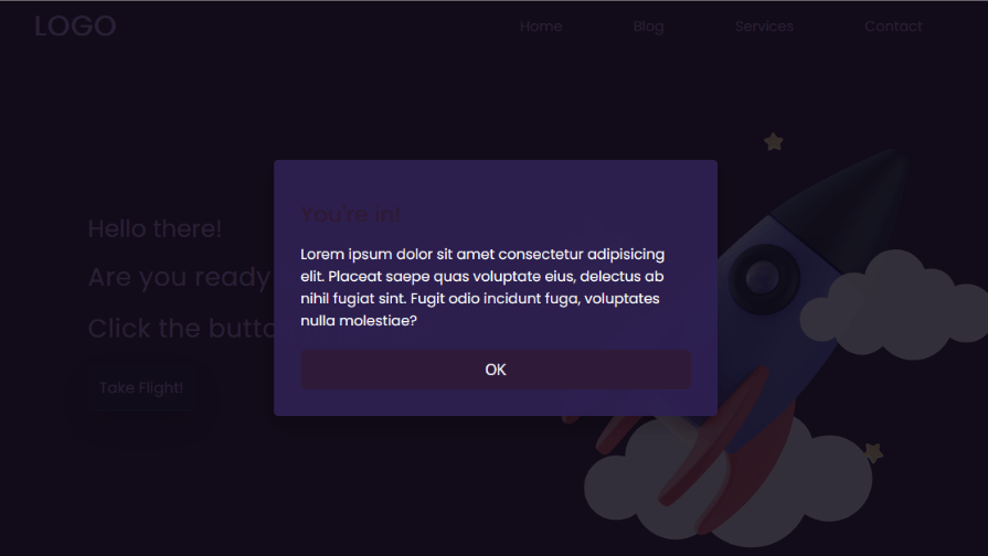 A popup modal with a darkened background and brightness filter applied, demonstrating the CSS brightness() backdrop-filter effect on a webpage with a rocket graphic.