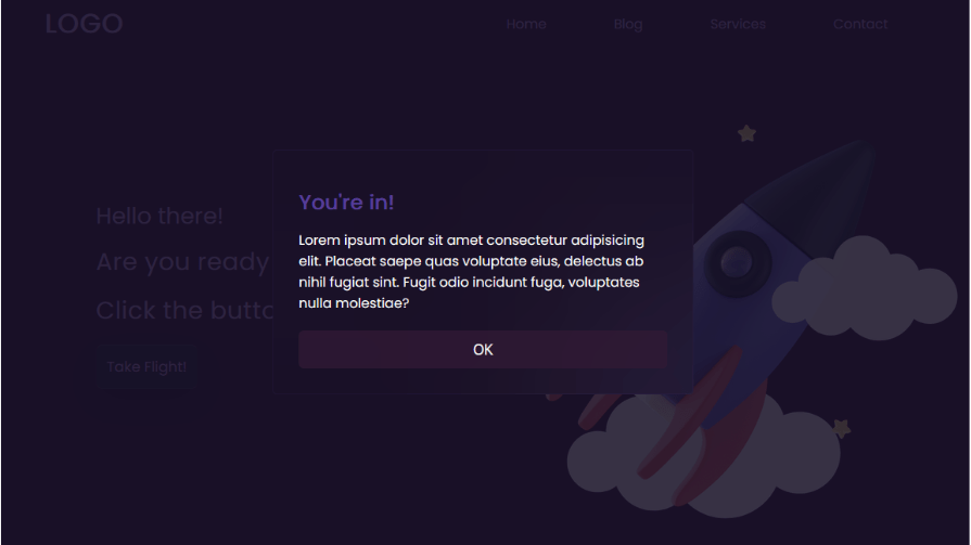 A popup modal with a darkened background and a message saying "You're in!", demonstrating the CSS backdrop-filter effect on a webpage with a rocket graphic.