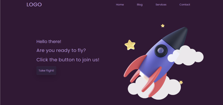 A webpage design with a rocket and clouds, featuring a "Take Flight!" button for a popup, demonstrating a CSS backdrop-filter effect.