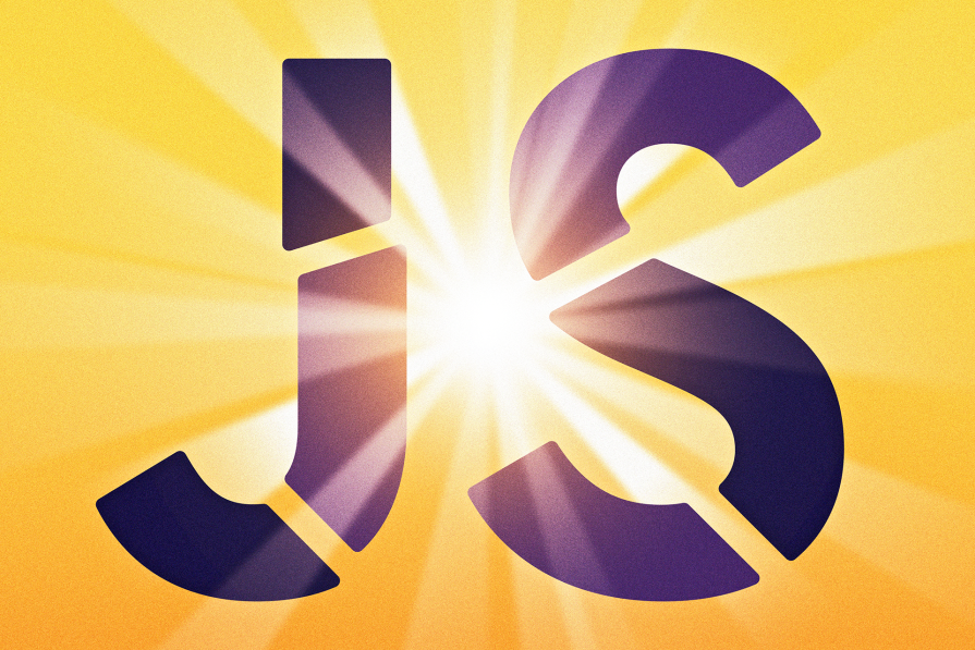 Stylized JavaScript logo with bold letters representing JavaScript, illuminated by a bright light from the center.