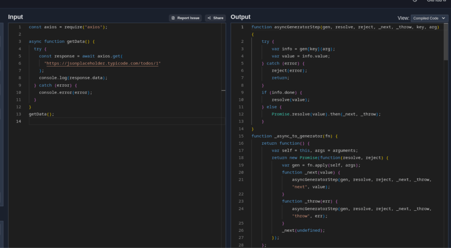 Code snippet showing an example of an async function using axios to fetch data from an API in JavaScript.