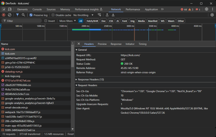 Browser DevTools showing network activity for kick.com, including request and response headers for a GET request with status code 200.