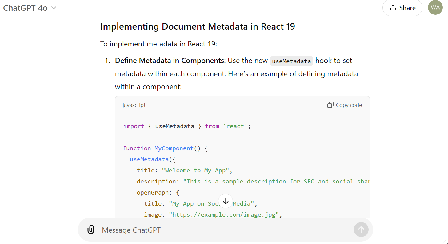 ChatGPT Responding About React's Document Metadata Release, With An Incorrect Response About A Nonexistent Hook