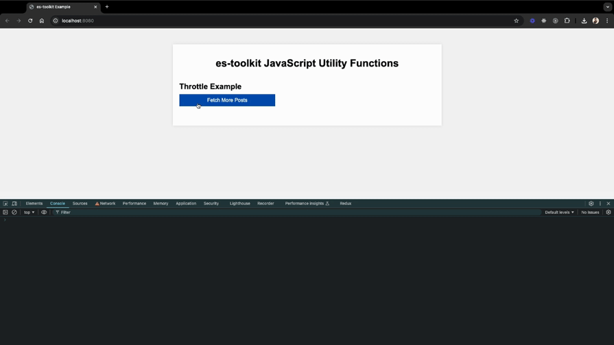 Throttle example showing the "Fetch More Posts" button being clicked and throttling API calls with es-toolkit.