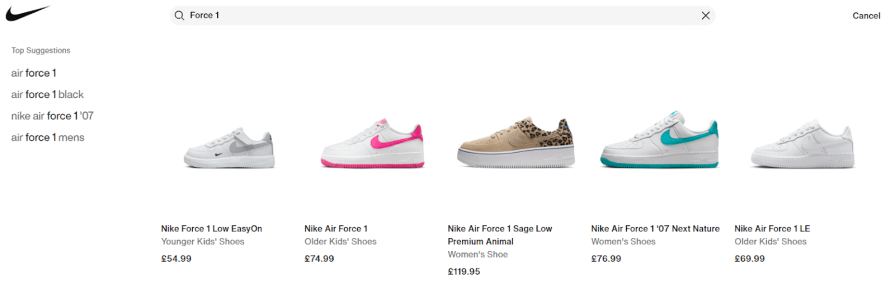 Instant Search Result Nike